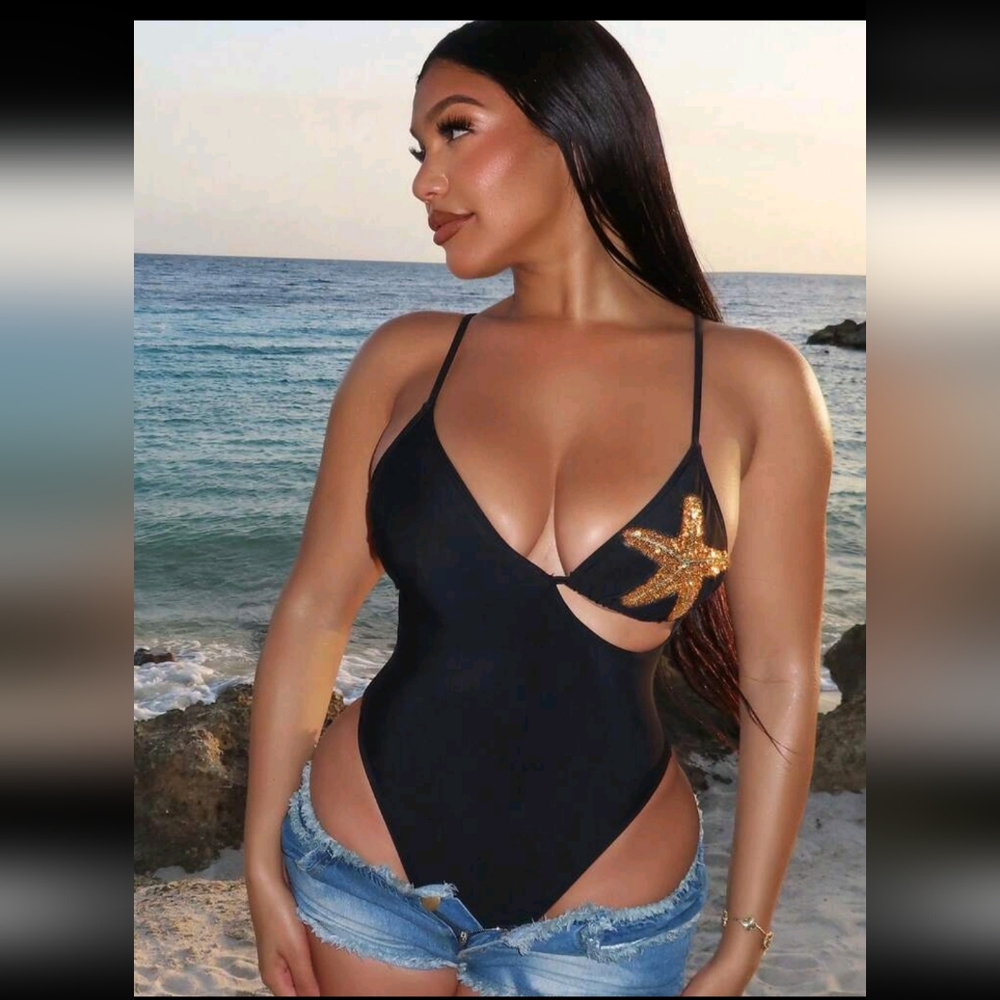SHEIN Black One Piece Swimsuit with Plunging V-Neck
